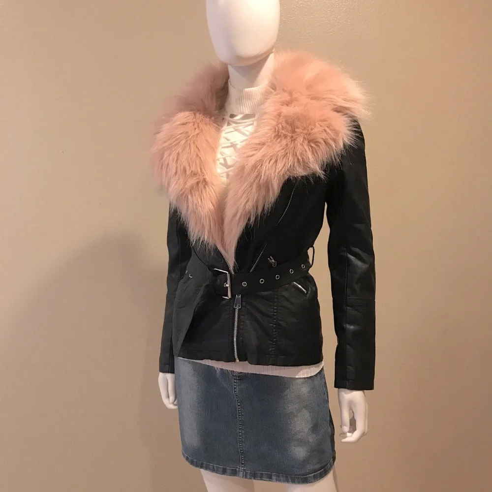 Black Faux Leather Jacket Pink Faux Fur Collar Womens Small US 4 Crop Moto Rebel - Picture 14 of 16